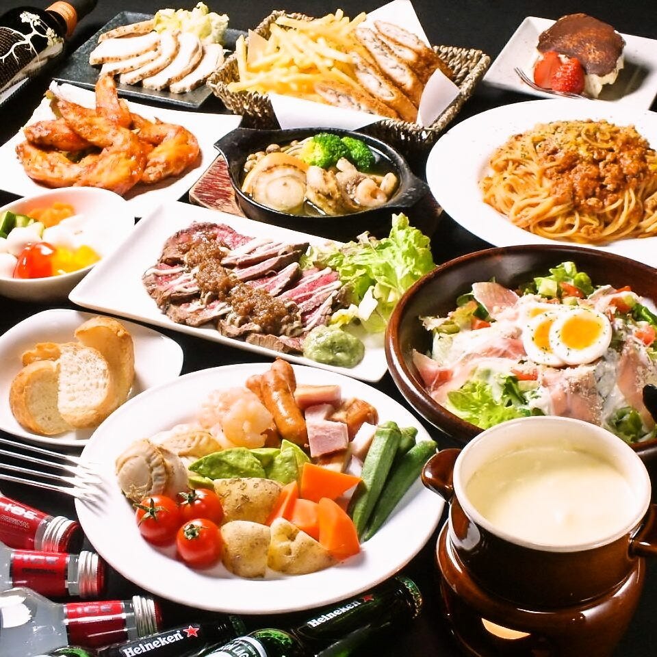 新宿 肉バル ポップラス コース 超おすすめ 濃厚とろ りチーズフォンデュコース２９８０ 全10品３時間飲み放題 ブロンズ 付き ぐるなび