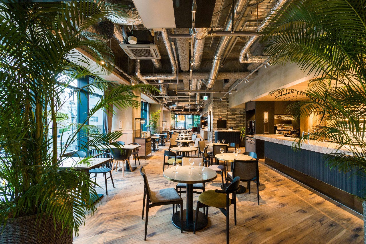 観葉植物が置かれたナインドアーズレストランアンドグリルの店舗内観