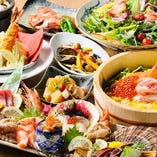 宴の中心にお造りやちらし寿司がある慶び！　※系列店のコース料理一例です。