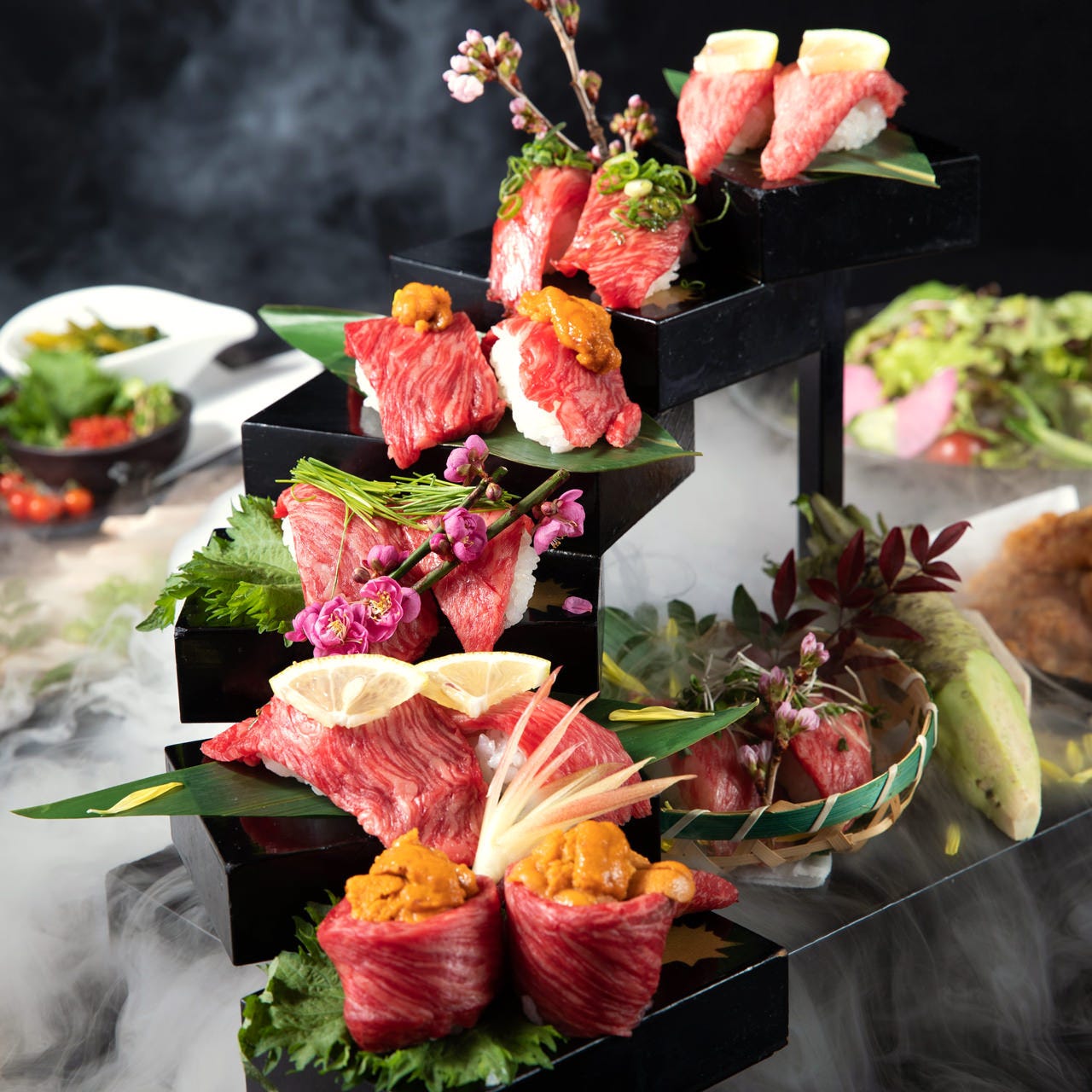 料理のみ6品 天空の肉寿司階段コース インスタ映えな肉寿司階段付き 宴会コース5000円 税抜 の詳細 焔立つ肉寿司と牛タンタワー 肉処 双葉 三宮 三宮 焼肉 ぐるなび