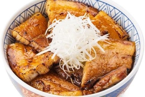 丼の上に白髪ねぎと豚バラがトッピングされた「名物！豚バラ豚丼」