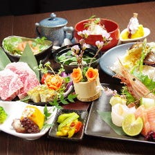 【豪華飲み放題付プラン】四季の花コース　前菜３種,お造り,A4-A5黒毛和牛ステーキ,天ぷら盛り等々