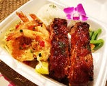 バーベキュースペアリブ＆ガーリックシュリンプ
Texas Style Barbecued Baby Back Ribs & Garlic Shrimp