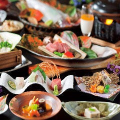 長浜市場直送、刺身三種盛り、雷山豚のセイロ蒸し、他