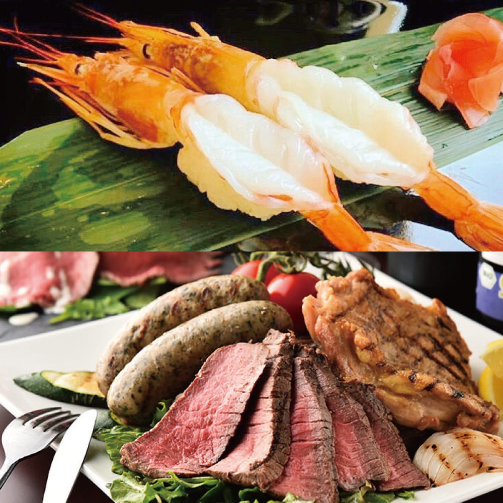 海老 肉 3時間食べ放題 エビ寿司 厳選銘柄牛ローストビーフ食べ放題 2980円 1000円3時間飲み放題の詳細 錦糸町 海老 肉 エビバリ 錦糸町 住吉 居酒屋 ぐるなび